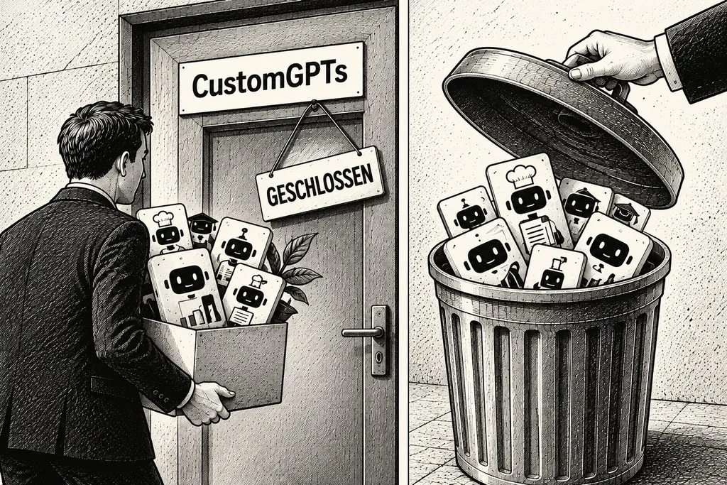 ChatGPT schafft CustomGPTs ab. In dieser Illustration steht ein Mann vor einer verschlossenen Türe, daneben steht ein Mülleimer, mit CustomGPTs darin.